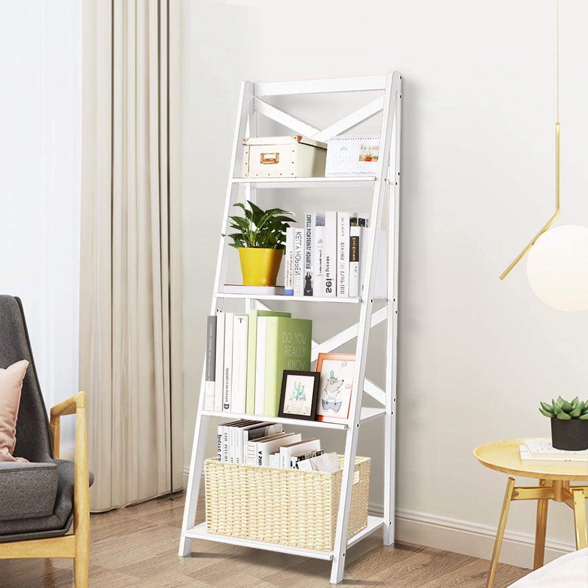Estante Biblioteca em Escada Estante Decorativa de 4 Camadas para Plantas Sala Terraço 50 x 46 x 143 cm Branco