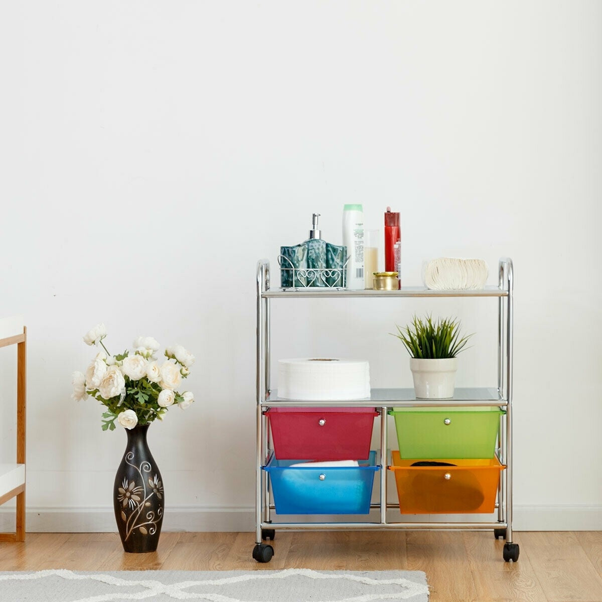 Carrinho Auxiliar com 4 Gavetas Empilháveis e 2 Prateleiras 4 Rodas Organizador para Cozinha Casa de Banho Escritório 58,5 x 37 x 75 cm Multicolor 1