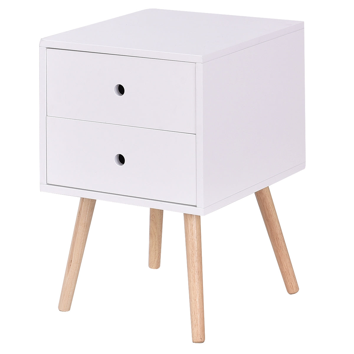 Mesinha de Cabeceira com 2 Gavetas Armário Moderno em MDF e Pernas de Madeira de Borracha para Sala ou Quarto Branco 40 x 40 x 60 cm