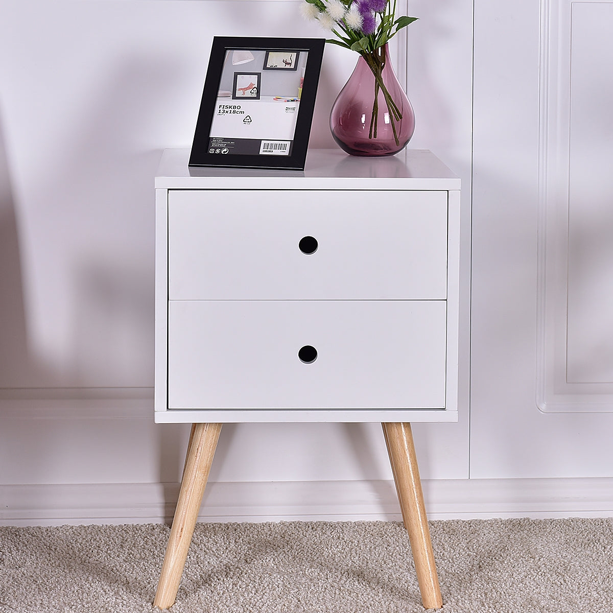 Mesinha de Cabeceira com 2 Gavetas Armário Moderno em MDF e Pernas de Madeira de Borracha para Sala ou Quarto Branco 40 x 40 x 60 cm