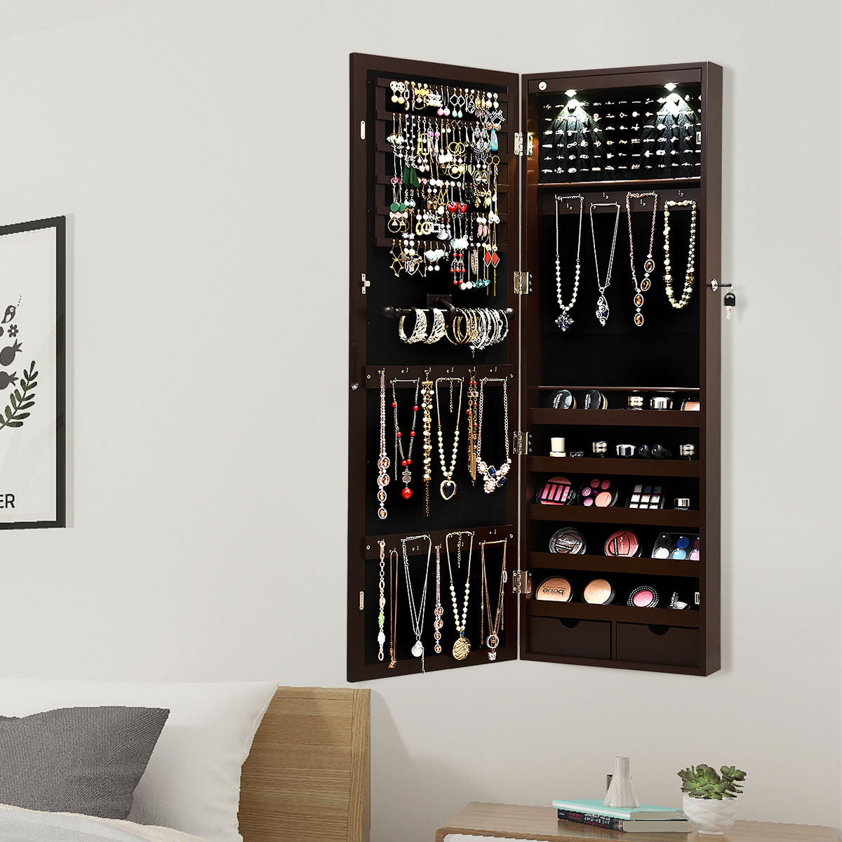 Armário para Joias com Espelho de Corpo Inteiro Montado na Parede Porta com 2 Luzes LED Organizador de Joias 37 x 9,5 x 108 cm Castanho