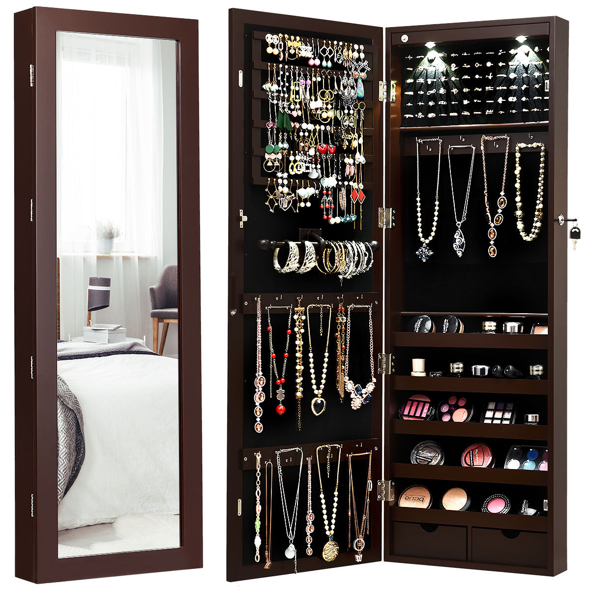 Armário para Joias com Espelho de Corpo Inteiro Montado na Parede Porta com 2 Luzes LED Organizador de Joias 37 x 9,5 x 108 cm Castanho