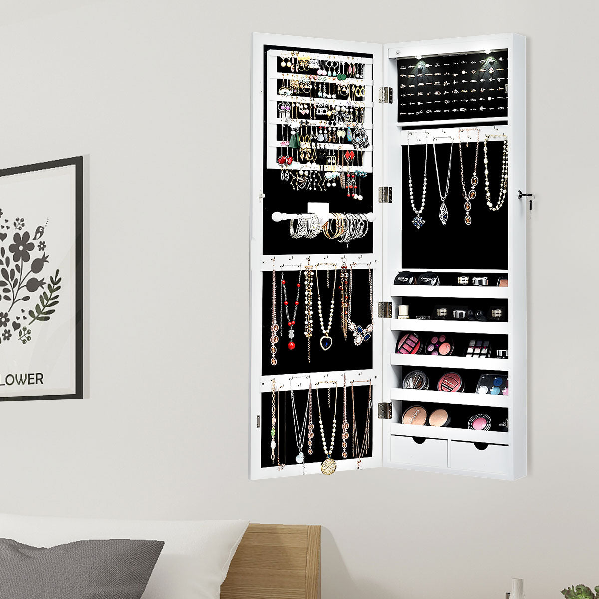 Armário de Jóias com Espelho de Corpo Inteiro Montado na Parede Porta com 2 Luzes LED Organizador de Jóias 37 x 9,5 x 108 cm Branco