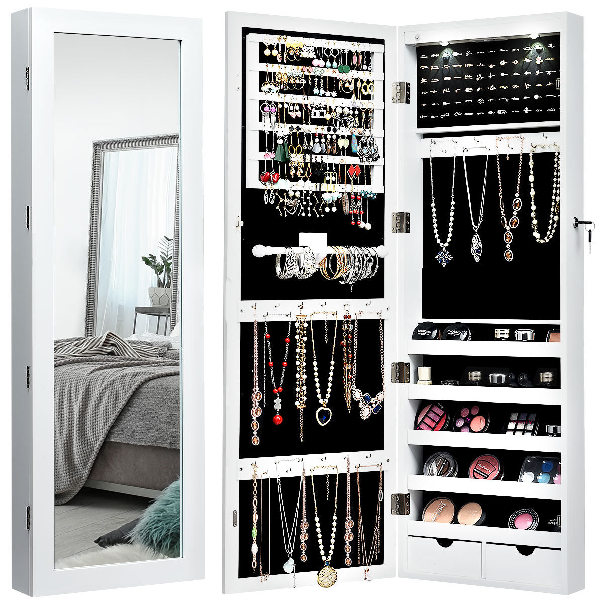 Armário de Jóias com Espelho de Corpo Inteiro Montado na Parede Porta com 2 Luzes LED Organizador de Jóias 37 x 9,5 x 108 cm Branco