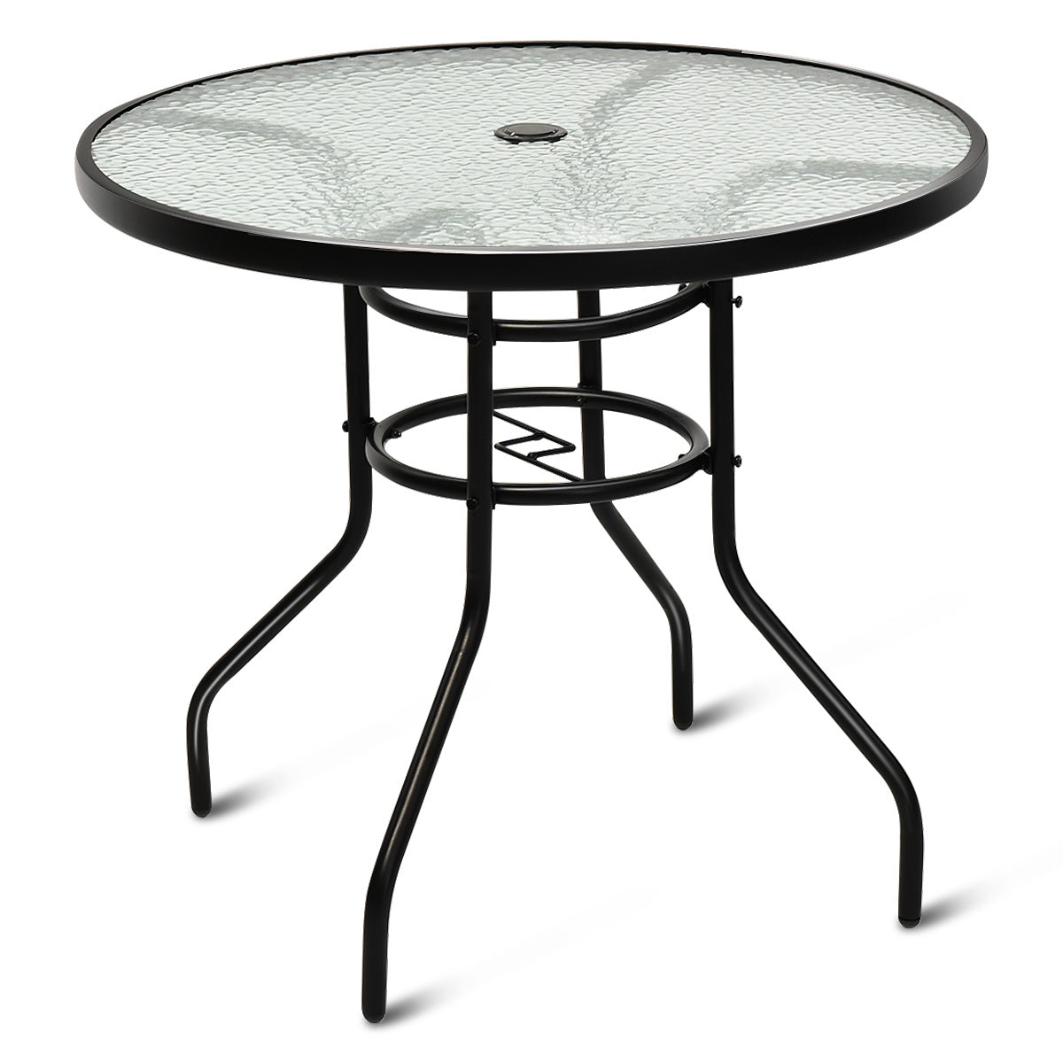Mesa de Jantar de Jardim Redonda com Tampo de Vidro e Orifício para Guarda-Sol para Utilização Interior e Exterior 81 x 81 x 71 cm