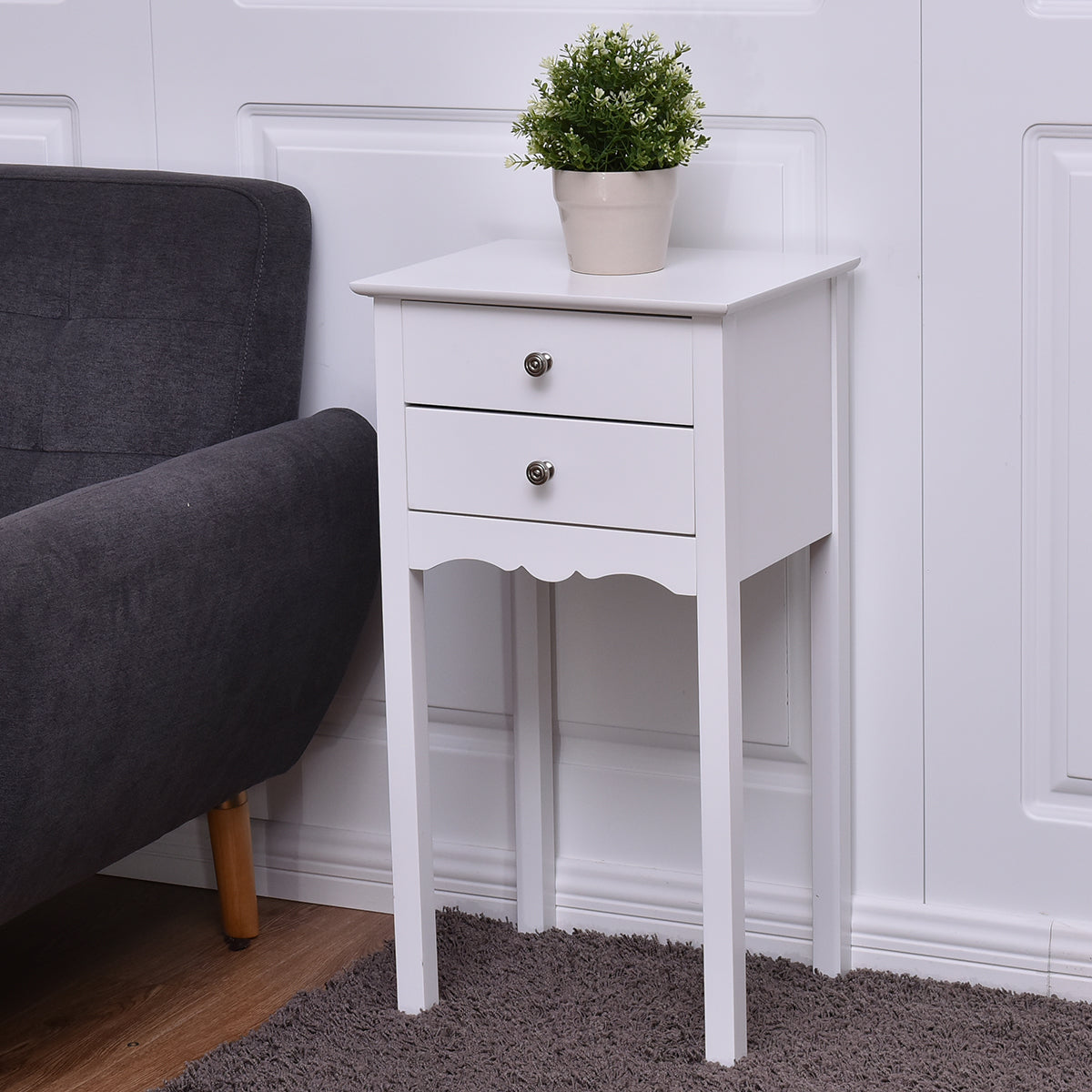 Mesa de Apoio com 2 Gavetas Mesinha de Cabeceira com Dispositivo Antivolta Mesinha para Sala de Estar Entrada Corredor Branco 40 x 32,5 x 75 cm