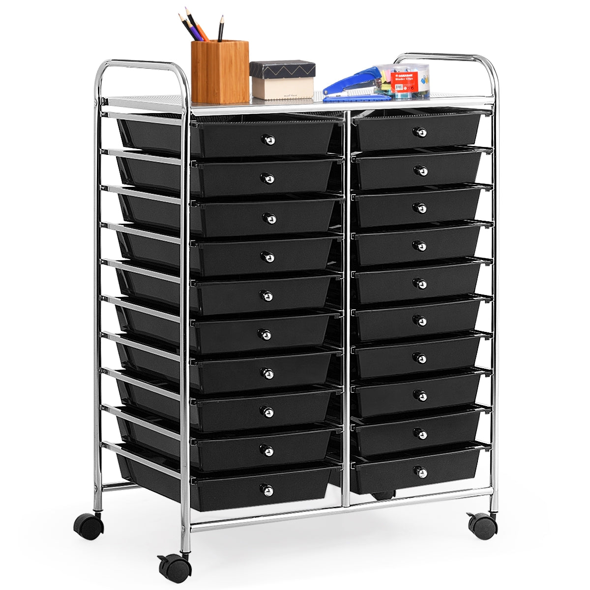Carrinho com 20 Gavetas com Rodas Carro Multiusos Leve Gaveteiro Organizador Ferramentas para Escola Escritório Sala 64 x 39 x 88 cm Preto