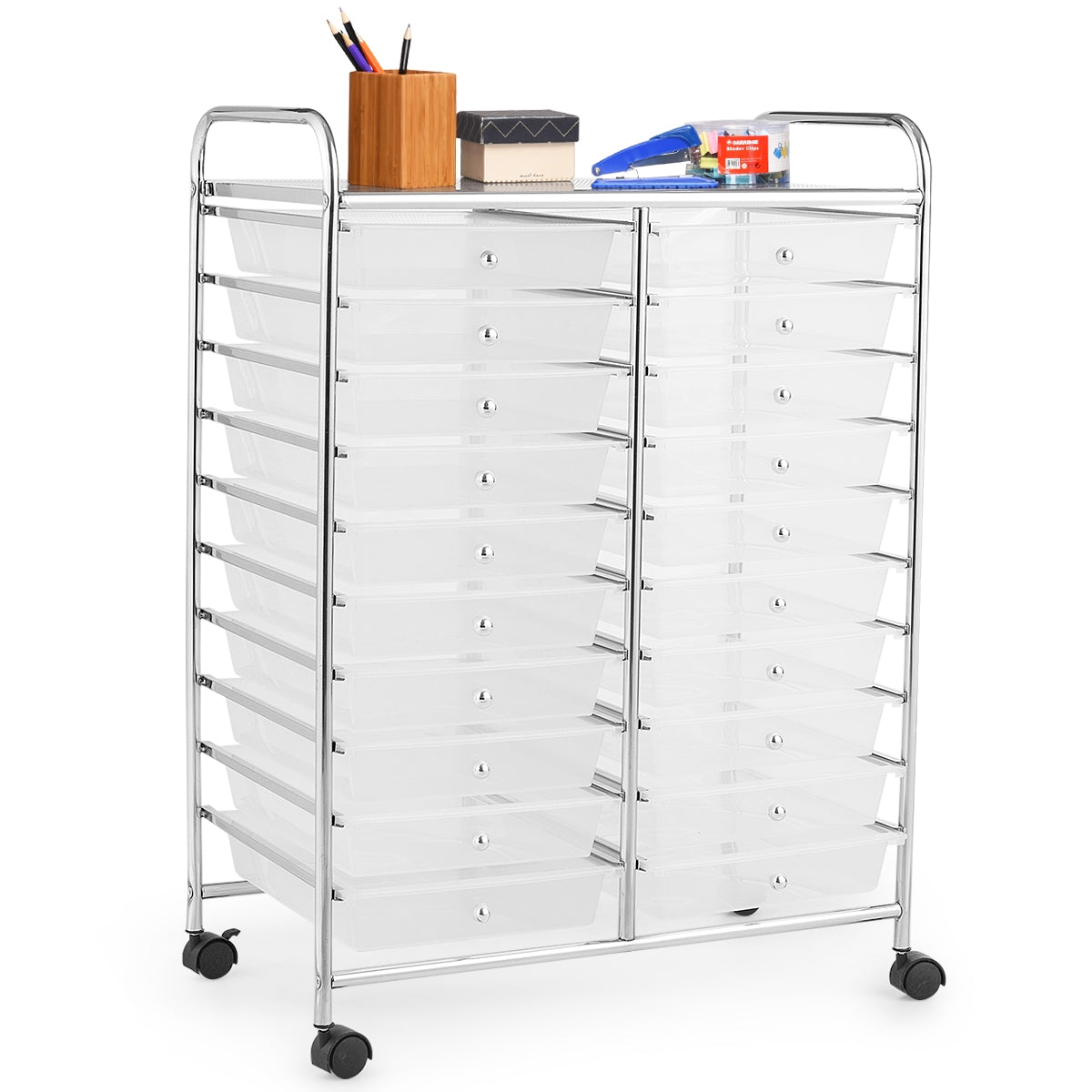 Carrinho com 20 Gavetas com Rodas Carro Multiusos Leve Organizador para Escola Escritório Sala 64 x 39 x 88 cm Transparente