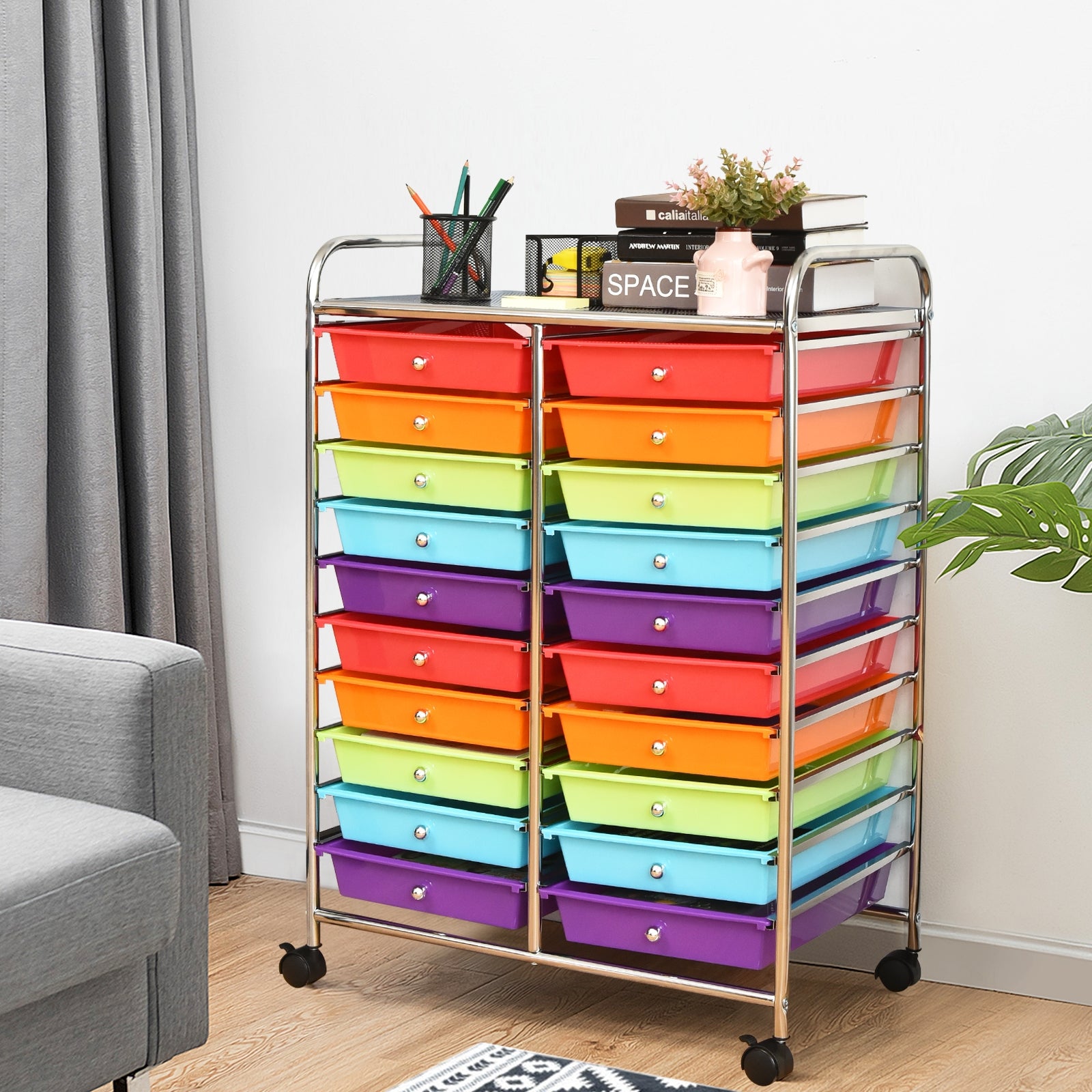 Carrinho com 20 Gavetas com Rodas Carro Multiusos Leve Organizador de Gavetas Ferramentas para Escola Escritório 64 x 39 x 88 cm Multicolor