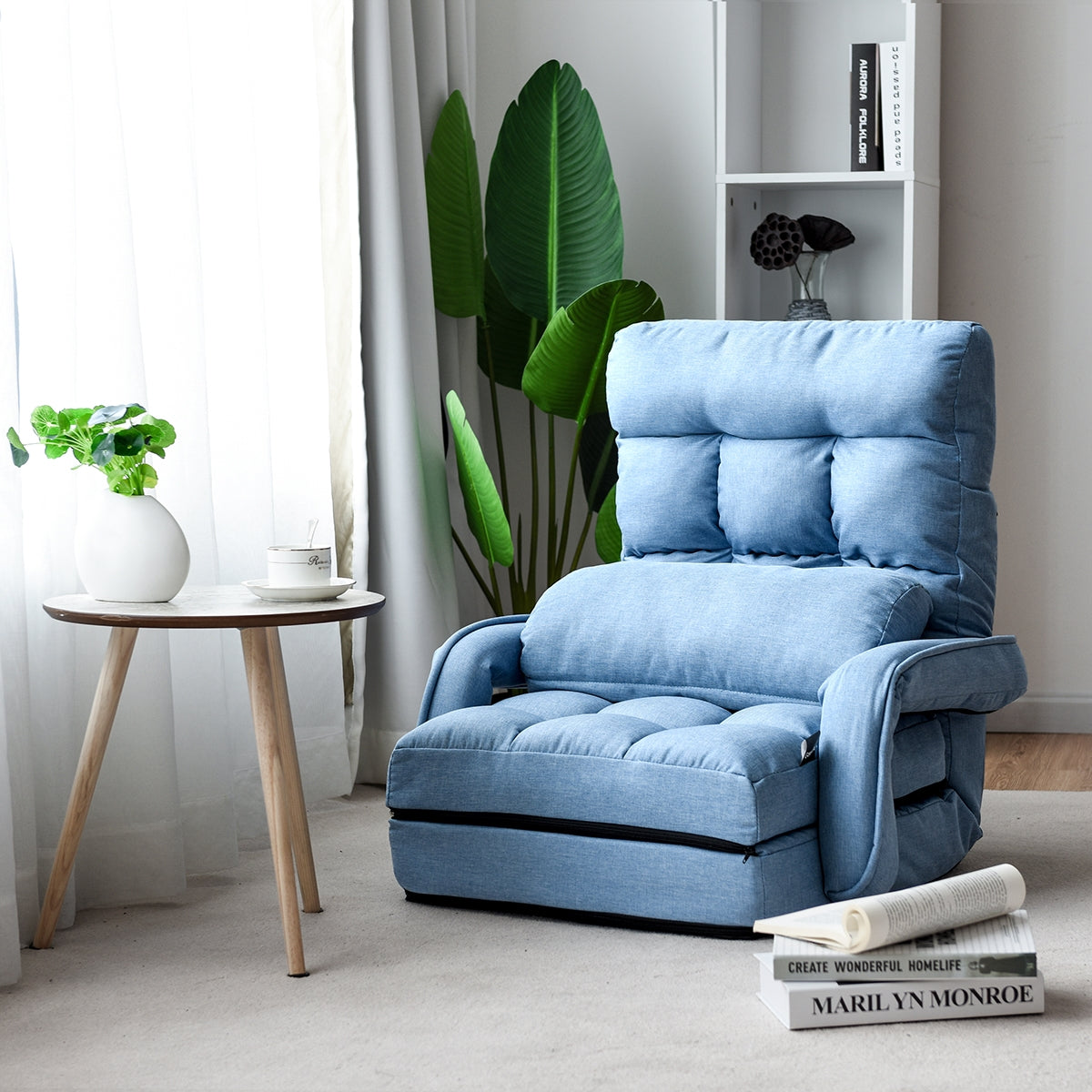Sofá Relaxante Cama Individual com Almofada Cadeira Multifuncional Dobrável para Quarto Sala Varanda 67 x 65 x 72 cm Azul