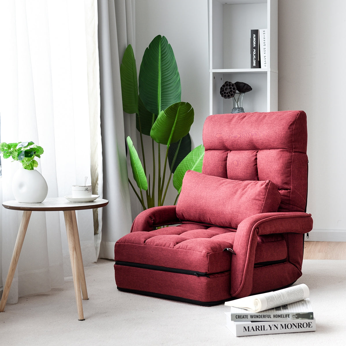 Sofá Perezoso Tumbona Individual com Almofada Cadeira Multifuncional Cama Dobrável para Quarto Sala Varanda 67 x 65 x 72 cm Vermelho
