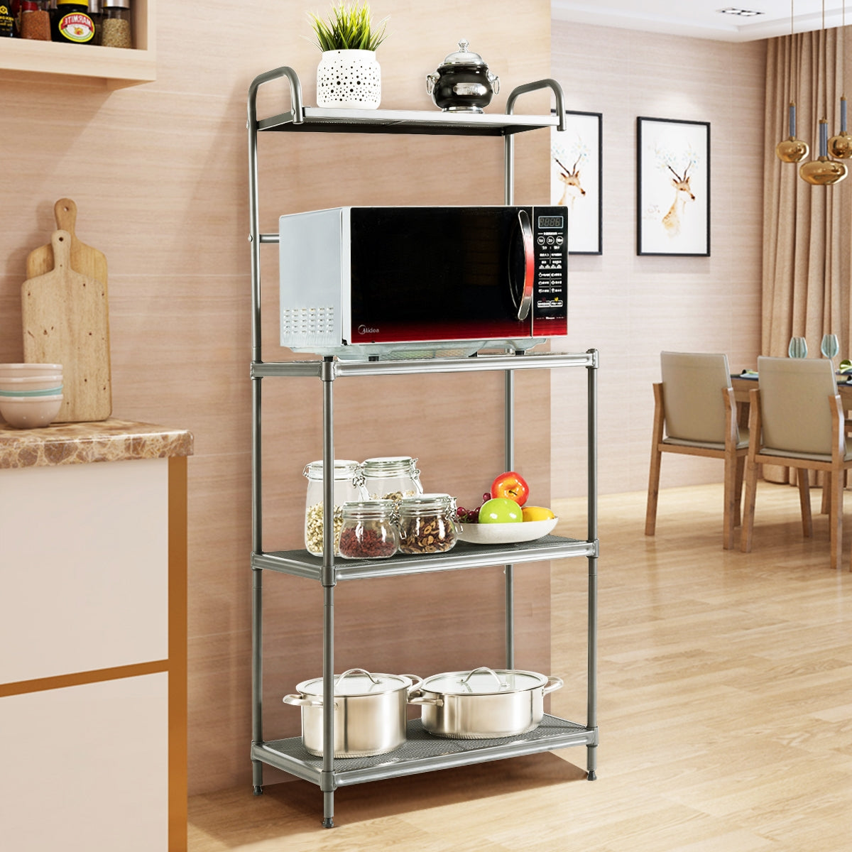 Estante de Cozinha de Armazenamento de 4 Níveis Suporte para Micro-ondas com Estrutura de Metal Estante Independente 60 x 34,5 x 136 cm Cinzento