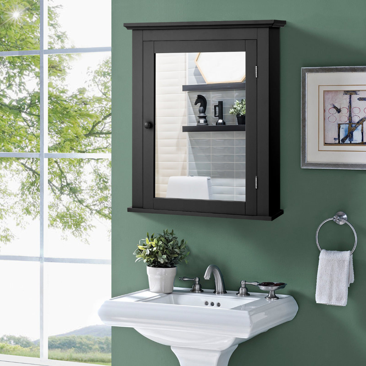 Armário de Casa de Banho com Espelho de Parede Organizador com Porta e Prateleira Ajustável Gabinete de Arrumação 56 x 15 x 69,5 cm Preto