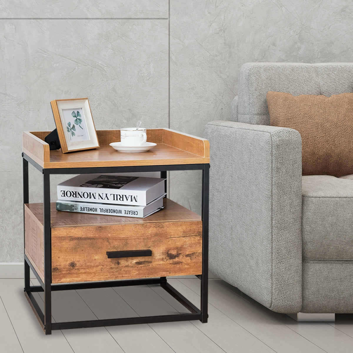 Mesa Auxiliar Mesa Lateral para Sofá Café com 2 Níveis 1 Gaveta Mesinha de Cabeceira de Estilo Industrial para Sala Quarto Escritório