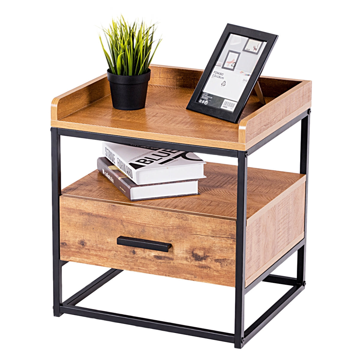 Mesa Auxiliar Mesa Lateral para Sofá Café com 2 Níveis 1 Gaveta Mesinha de Cabeceira de Estilo Industrial para Sala Quarto Escritório