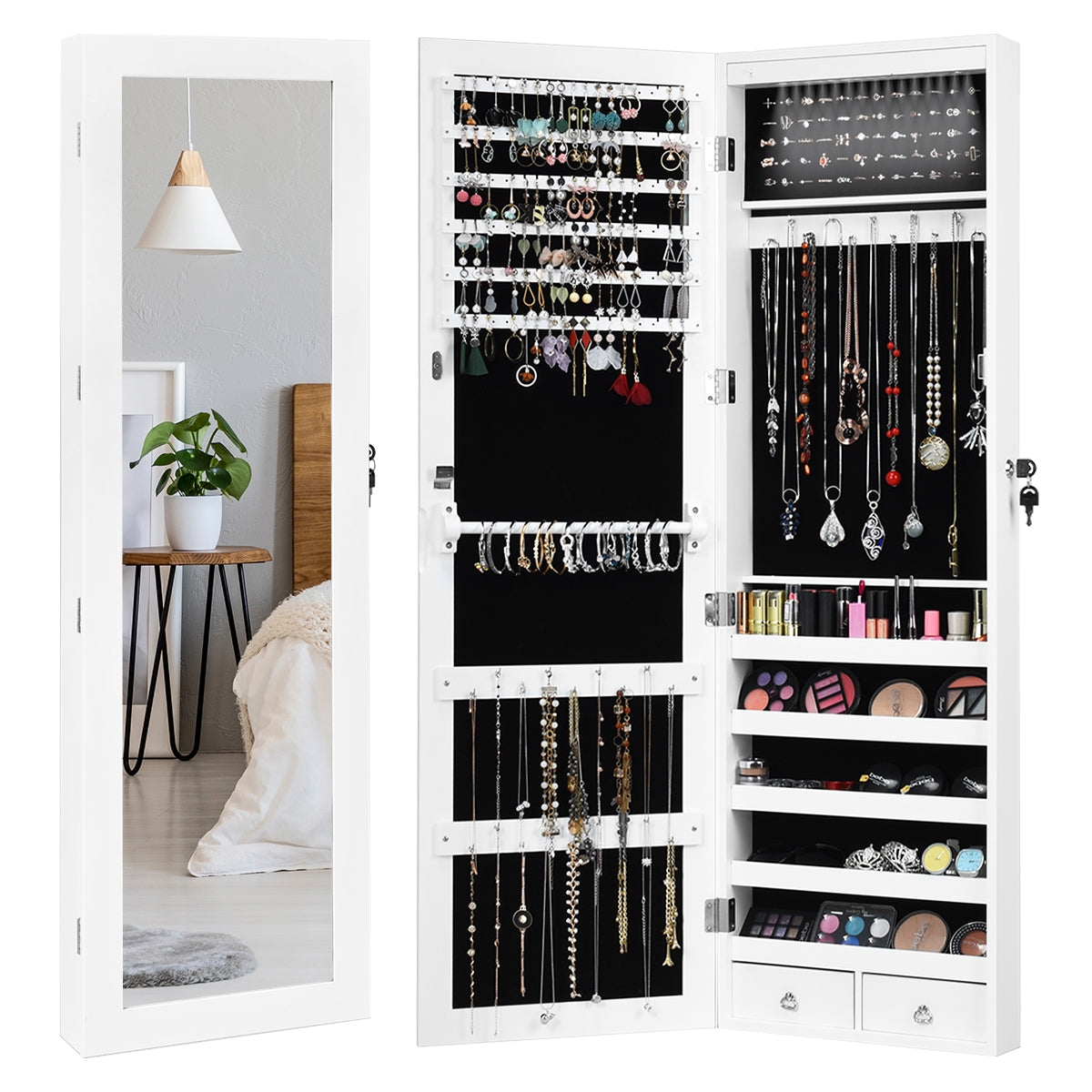 Armário de Jóias com Espelho Pendurado na Porta ou Parede com Luzes LED, Bloqueio, 2 Gavetas, 5 Prateleiras, 29 Ganchos, 37 x 8,5 x 120 cm Branco