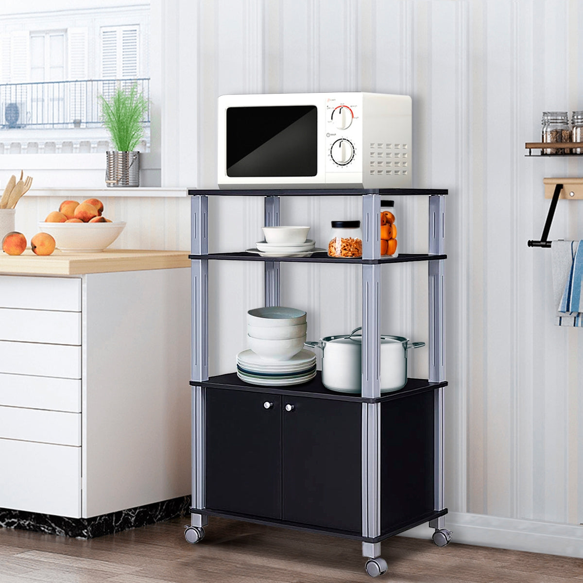 Estante Suporte de Micro ondas Carro de Forno Organizador de Armazenamento na Cozinha 60 x 40 x 98 cm Preto