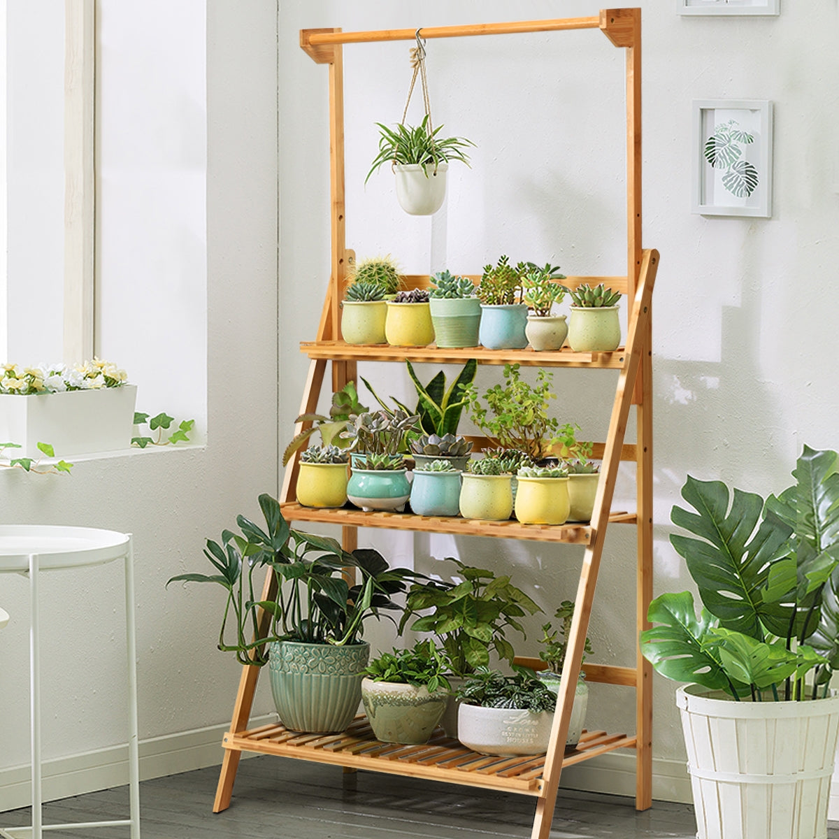 Estante Decorativa Dobrável para Plantas e Flores em Bambu - Interior/Exterior - 70 x 40 x 120-144 cm