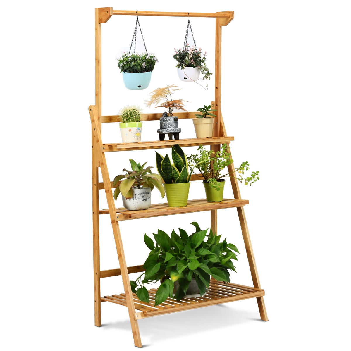 Estante Decorativa Dobrável para Plantas e Flores em Bambu - Interior/Exterior - 70 x 40 x 120-144 cm
