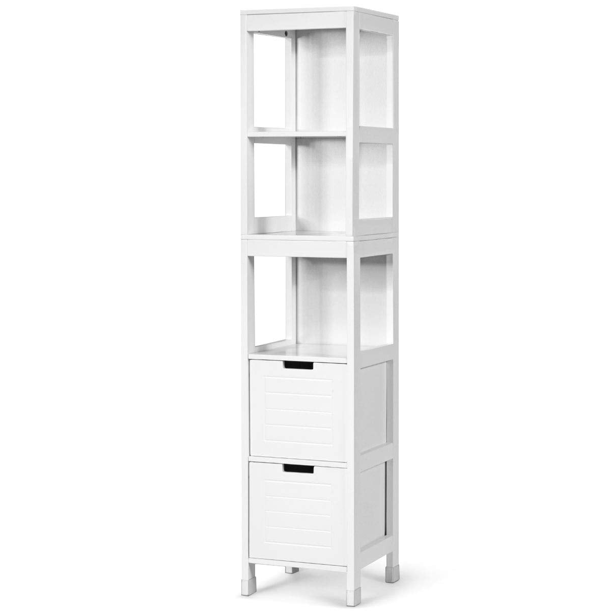 Armário Alto de Chão para Casa de Banho com 2 Gavetas e 3 Prateleiras Móvel Coluna de Madeira para Casa de Banho 30,5 x 30,5 x 144 cm Branco