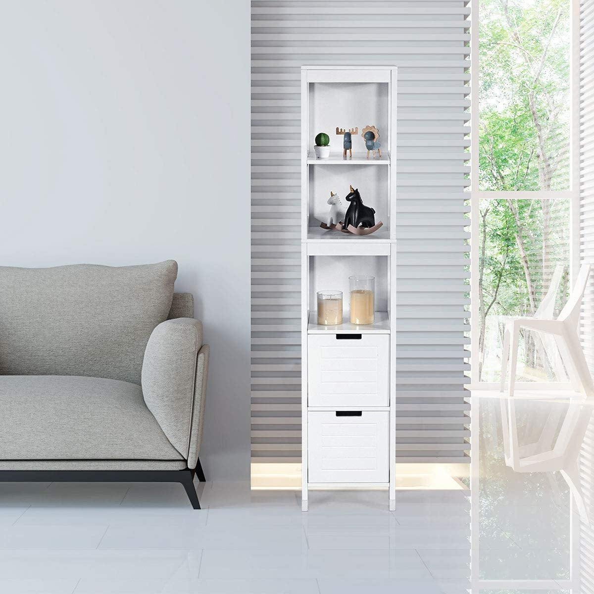 Armário Alto de Chão para Casa de Banho com 2 Gavetas e 3 Prateleiras Móvel Coluna de Madeira para Casa de Banho 30,5 x 30,5 x 144 cm Branco