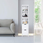 Armário Alto de Chão para Casa de Banho com 2 Gavetas e 3 Prateleiras Móvel Coluna de Madeira para Casa de Banho 30,5 x 30,5 x 144 cm Branco