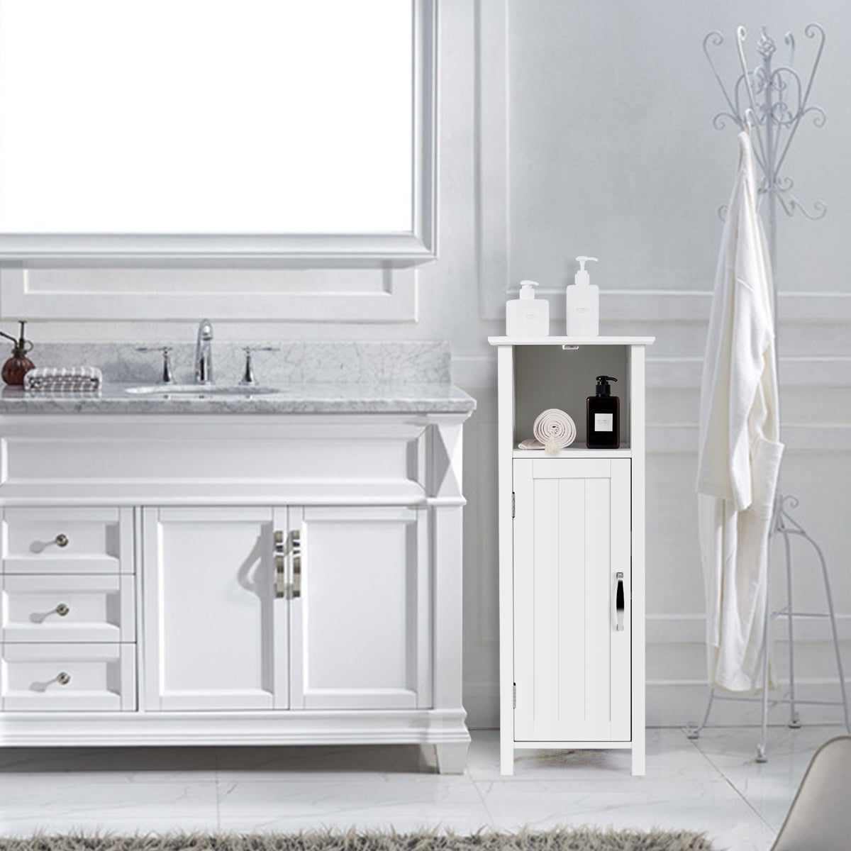 Armário de Chão para Casa de Banho com 3 Prateleiras e Porta Estante de Arrumação para Cozinha Quarto Sala Branco 30 x 30 x 80 cm
