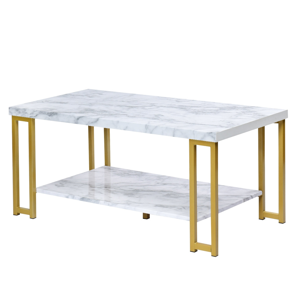 Mesa de Centro com Estampado de Mármore e 2 Níveis em Metal Oco para Frutas, Revistas e Computador 100 x 49,5 x 45 cm