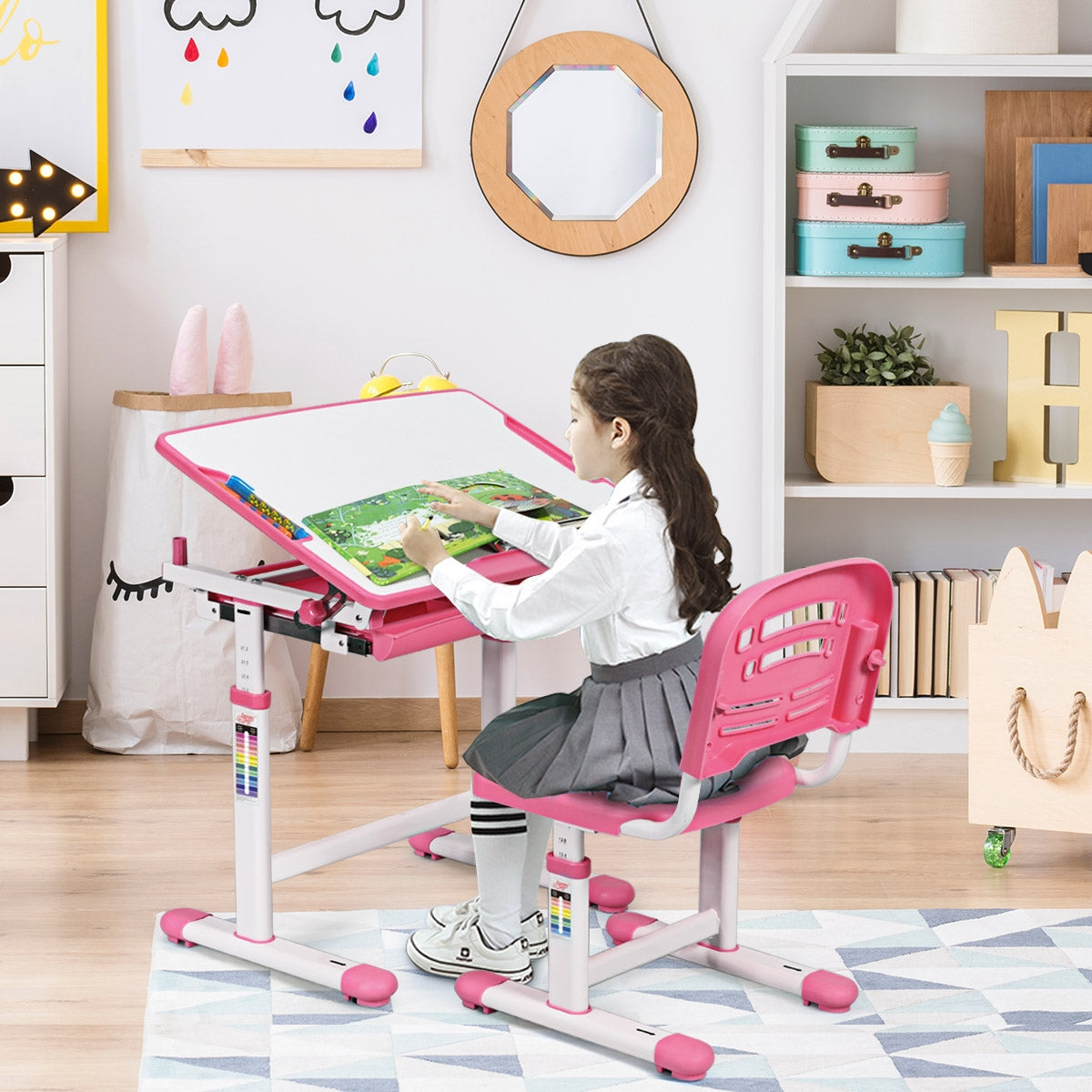 Secretária Infantil com Cadeira de Leitura para Crianças com Altura e Ângulo Ajustáveis e Gaveta 66 x 47 x (54 - 76) cm Rosa