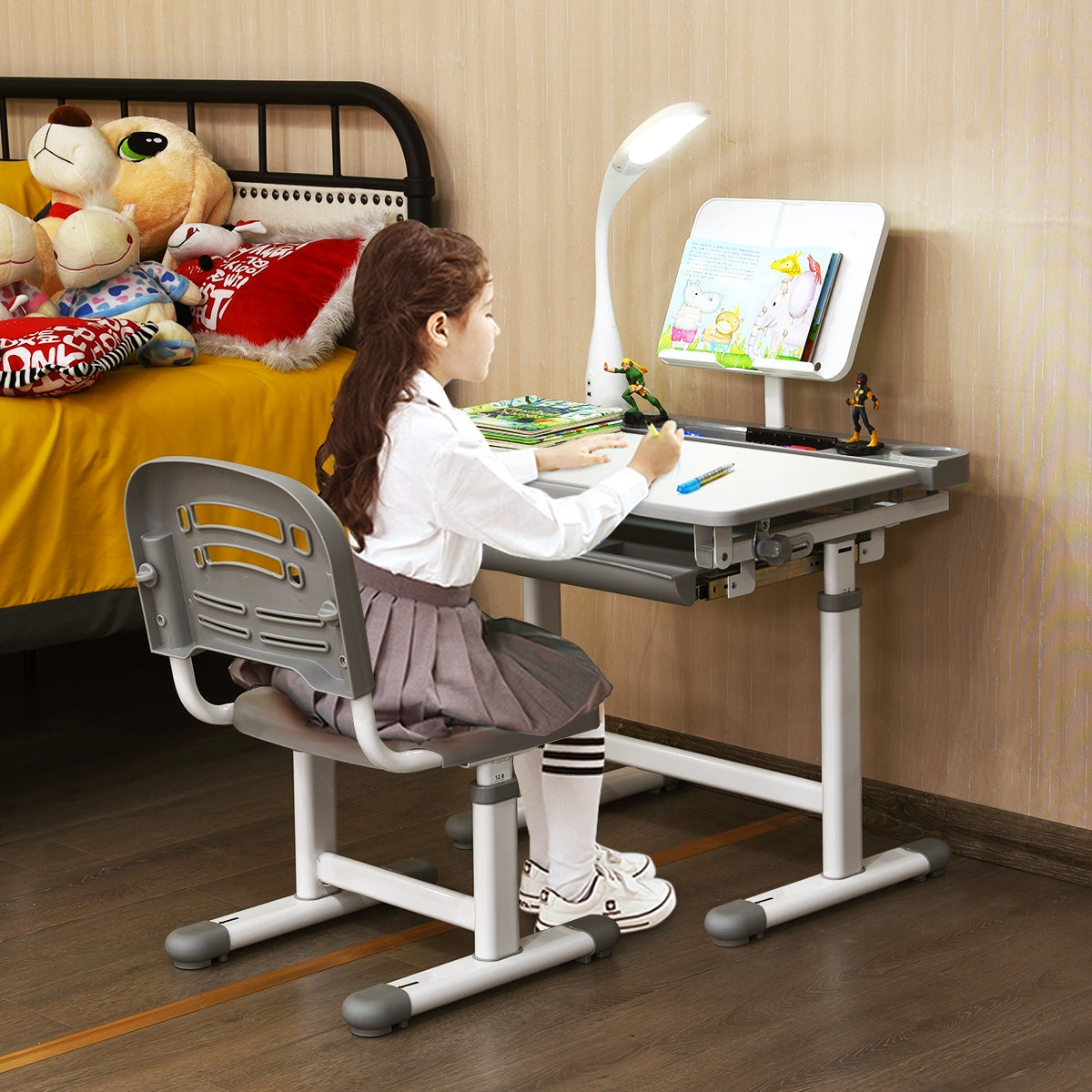 Escritório para Crianças com Candeeiro Cadeira Mesa de Desenho Leitura Infantil Cinzento