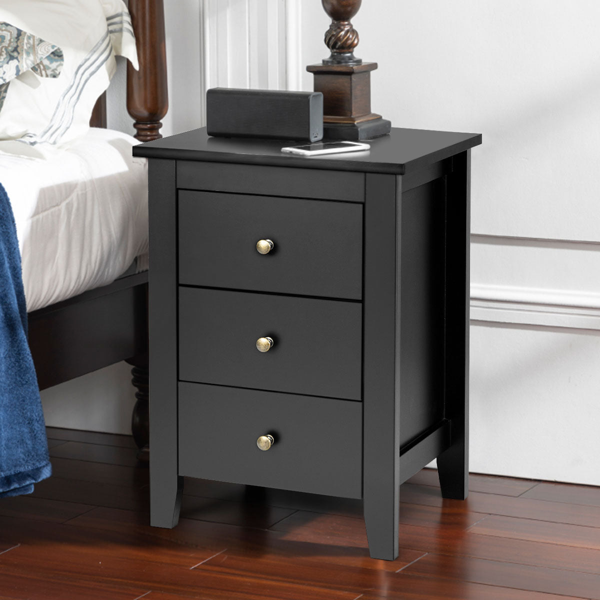 Mesinha de Cabeceira com 3 Gavetas e Estrutura Resistente para Sala e Quarto Preto 46 x 37 x 65 cm