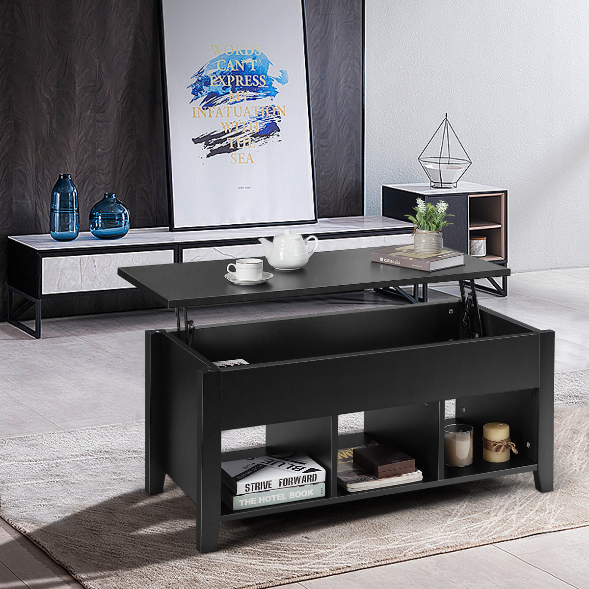 Mesa de Centro Elevável com Altura Regulável e Compartimento Escondido - Preto 104,5 x 49,5 x 48,5 cm