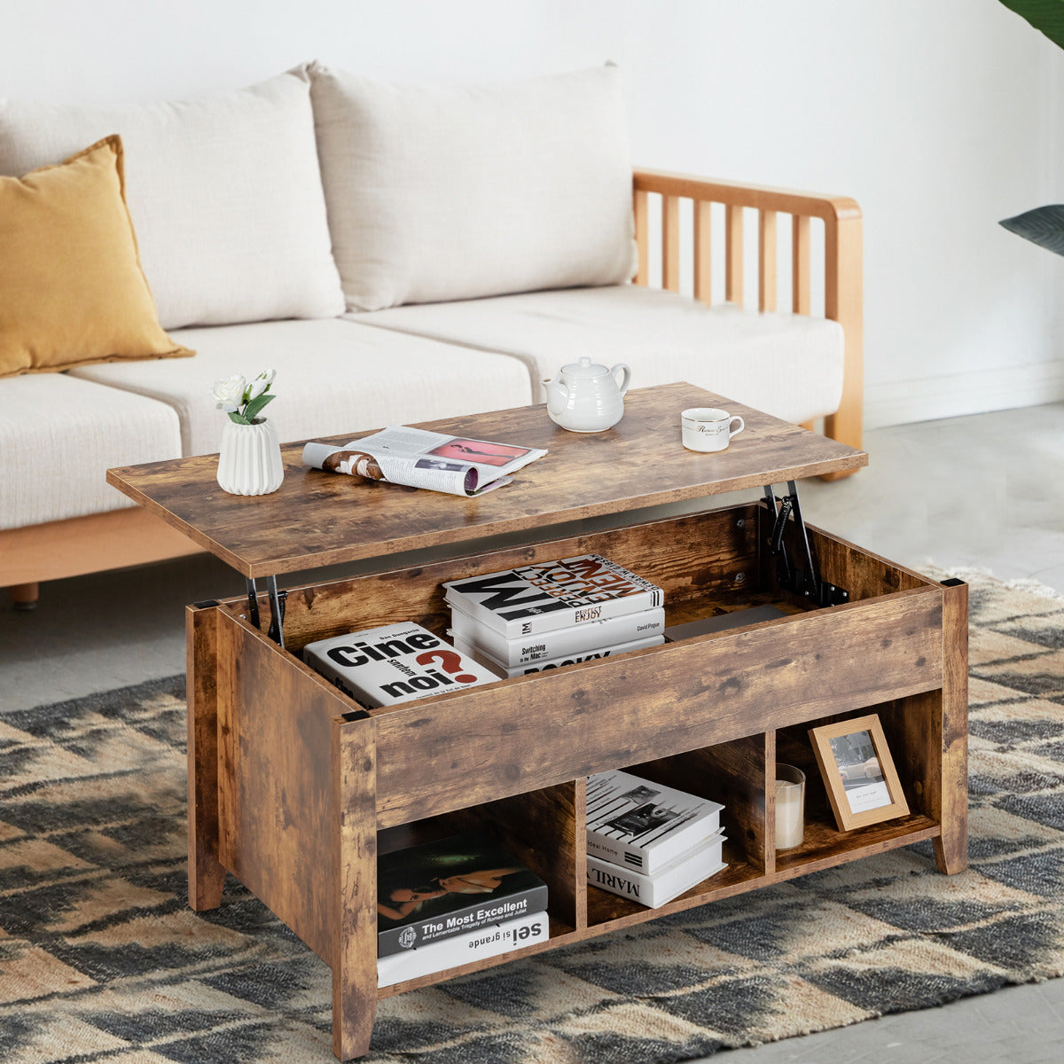 Mesa de Centro com Tampo Elevatório e Altura Regulável - Marrón 104,5 x 49,5 x 48,5 cm