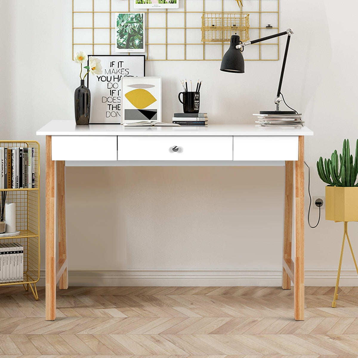 Secretária Multifuncional com Gaveta Grande Tocador com Superfície Ampla para Computador Casa Escritório Estudo Branco 106 x 50 x 75,5 cm
