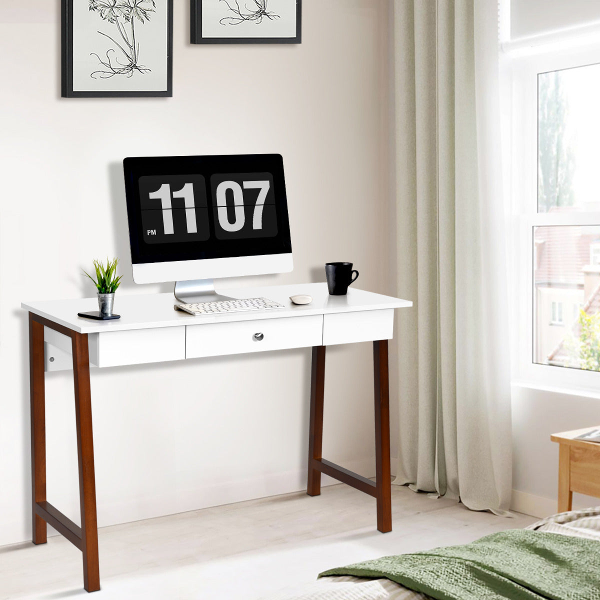 Mesa de Computador Escritório com Gaveta Tocador Superfície Ampla Casa Escritório Estudo Branco e Castanho 103 x 50 x 76 cm
