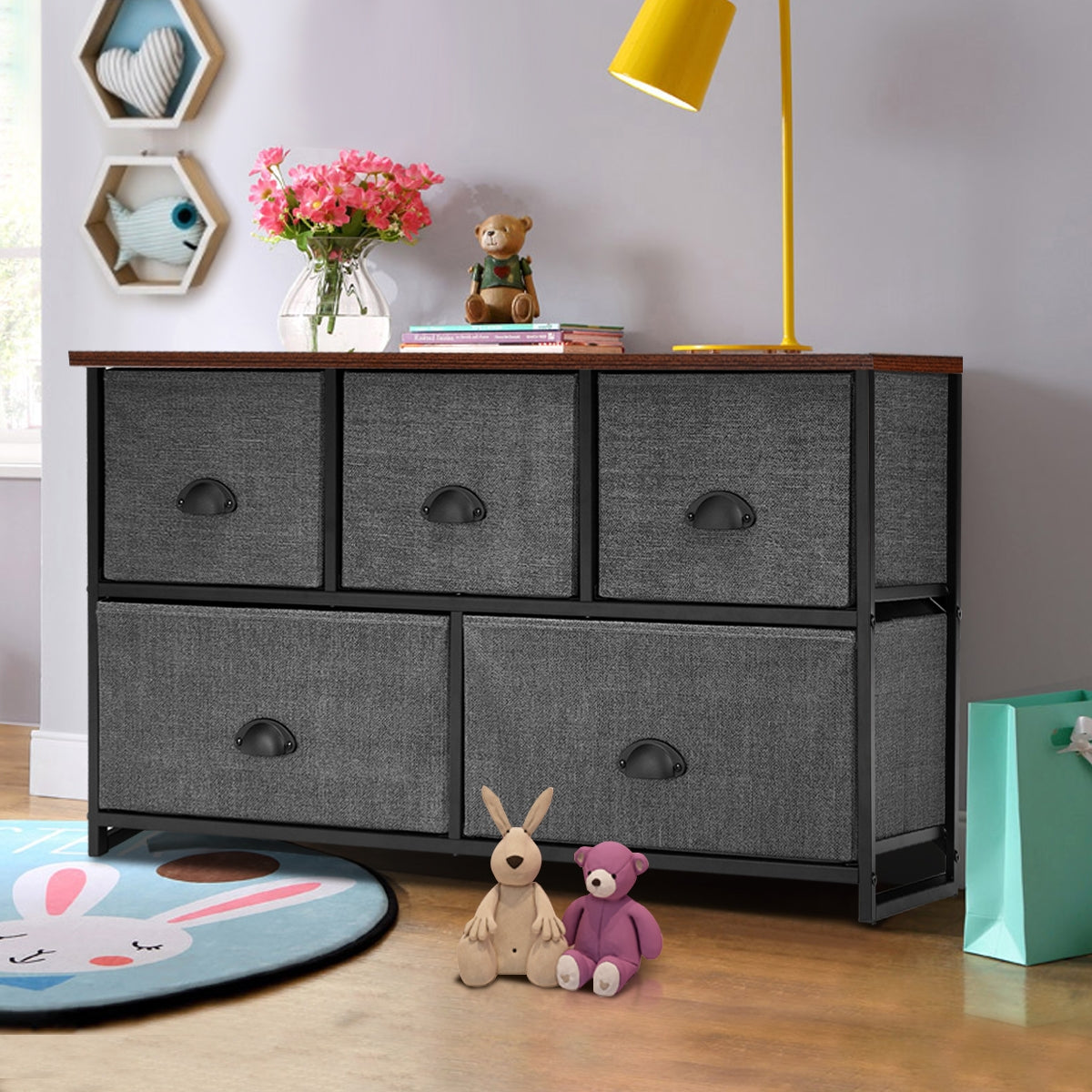 Organizador de 5 Gavetas em Estrutura de Ferro para Quarto, Hall de Entrada e Corredor Preto e Cinza Escuro 100 x 30 x 53,5 cm