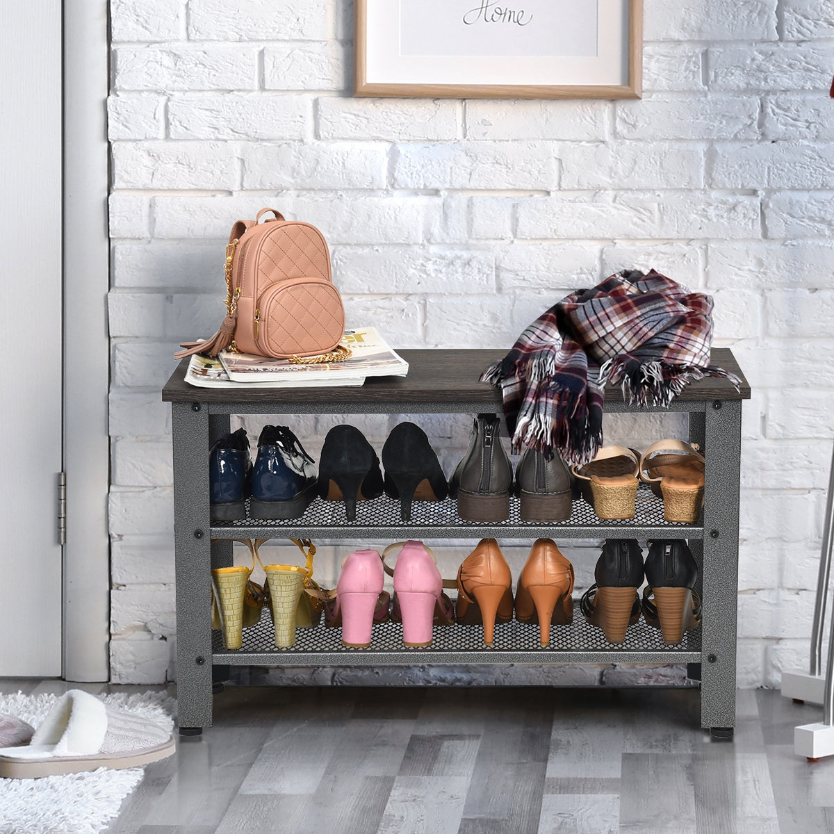 Zapatero Estantería de Zapatos com Banco Multiuso Organizador para Sapatos para Corredor 73 x 30 x 45cm Cinzento Escuro