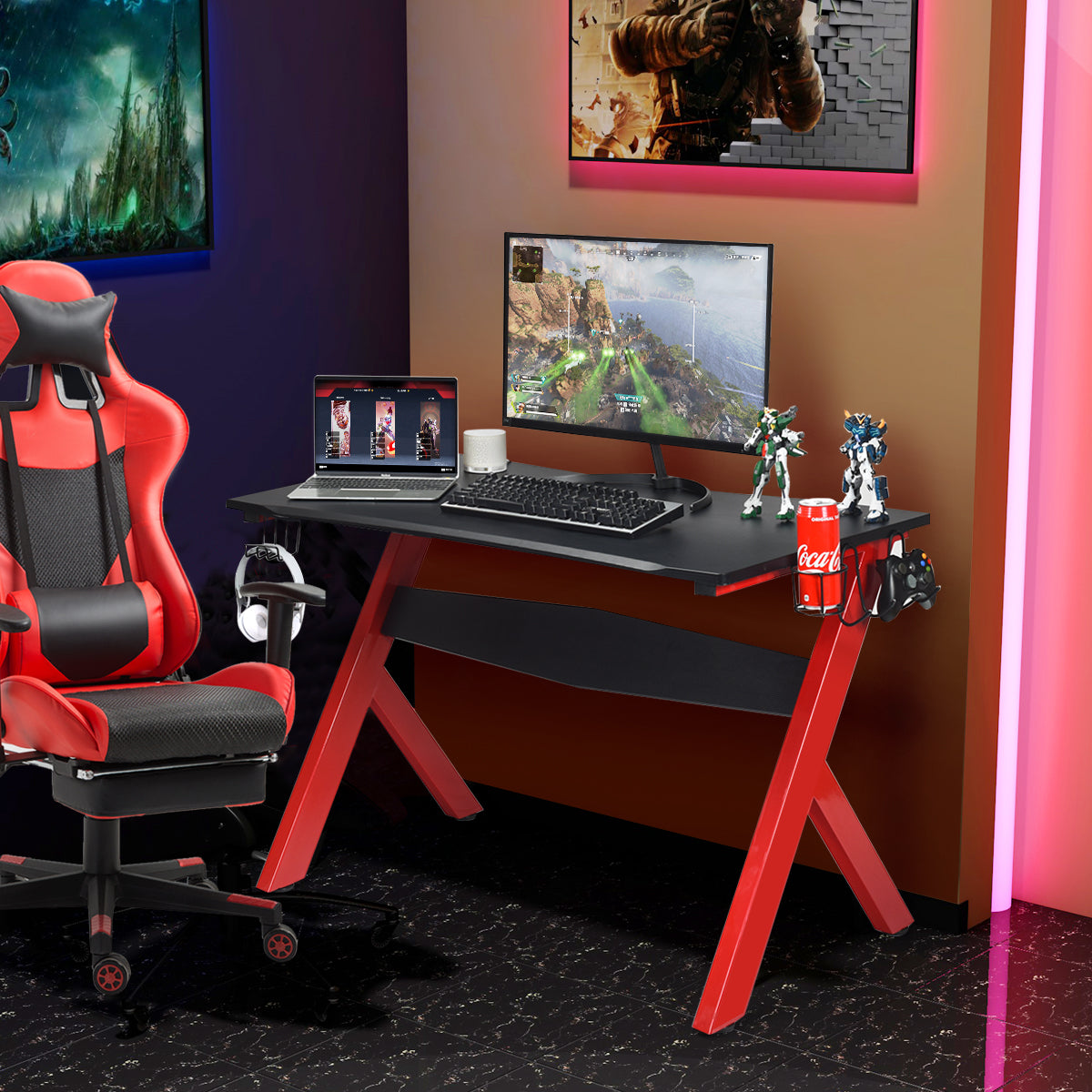 Mesa de Gaming Ergonómica para Computador com Suporte para Copo, Suporte para Auscultadores, Tapete de Rato - Preto 115 x 60 x 76 cm