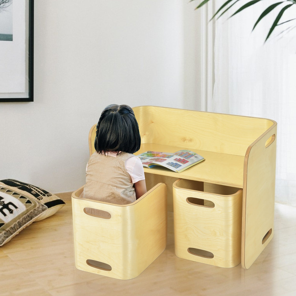 Conjunto Mesa e Cadeiras para Crianças em Madeira de Faia Natural para Casa Escola Jardim de Infância