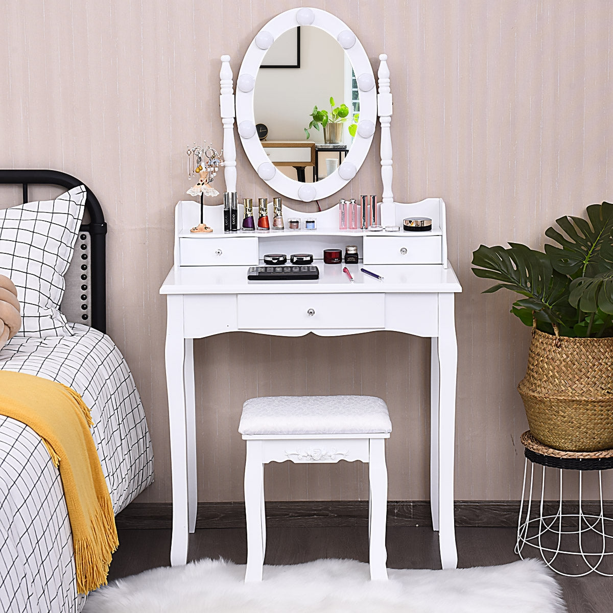 Tocador de Maquilhagem com LED Espelho Giratório 3 Gavetas e Banco para Quarto Branco 75 x 40 x 143,5 cm