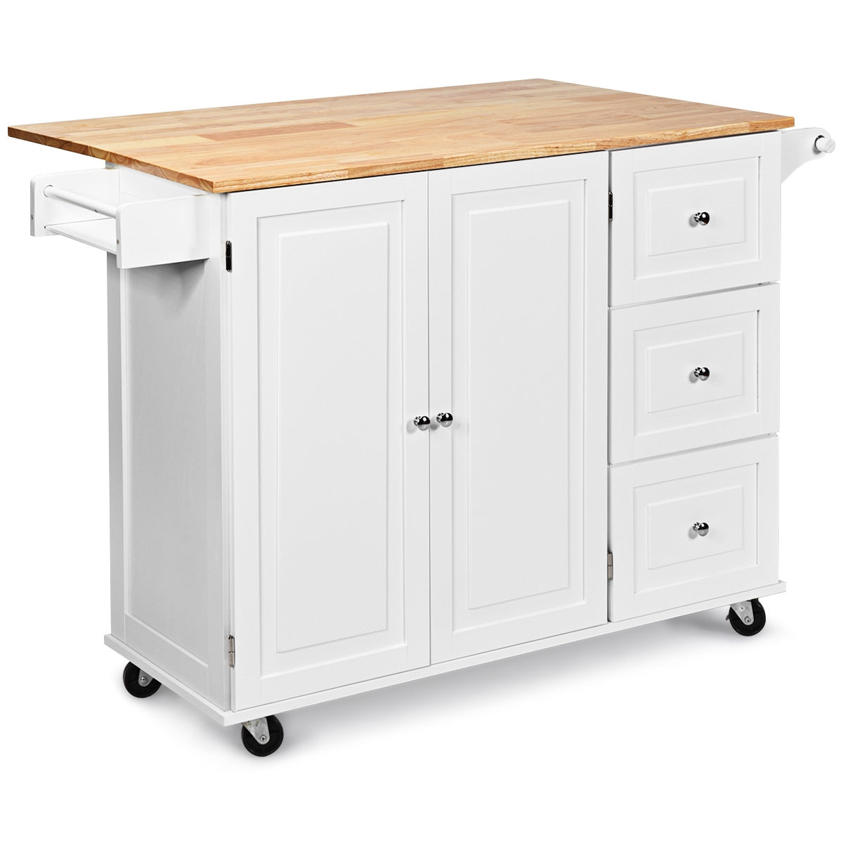 Ilha de Cozinha Rebatível com Rodas, Especiaria, Toalheiro e Tábua de Cortar, Prateleiras Ajustáveis para Sala de Jantar e Cozinha 135 x 76 x 91 cm