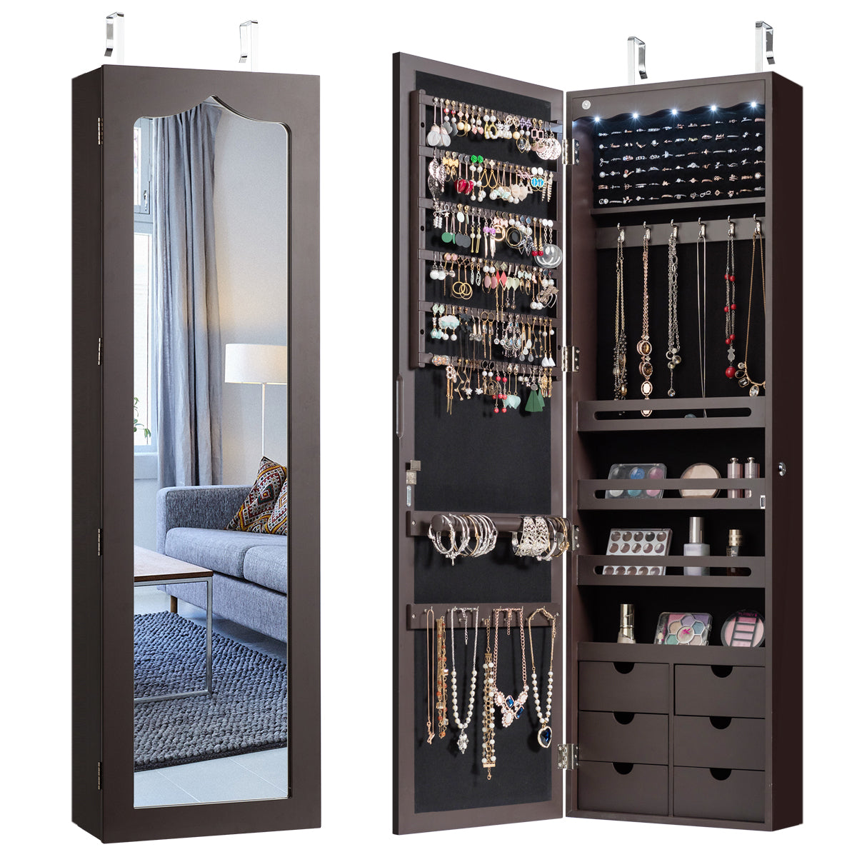Armário para Joias com Espelho Iluminação LED Fechadura Estante Organizadora Montagem em Porta e Parede 36,5 x 11,5 x 120 cm Castanho