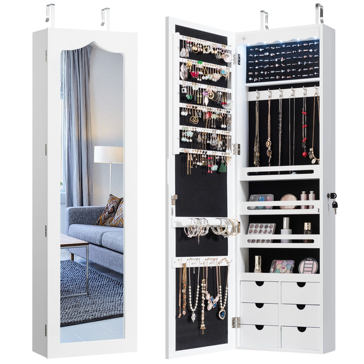 Armário para Joias com Espelho Iluminação LED Fechadura Estante para Organizador de Joias Montagem em Porta e Parede 36,5 x 11,5 x 120 cm Branco