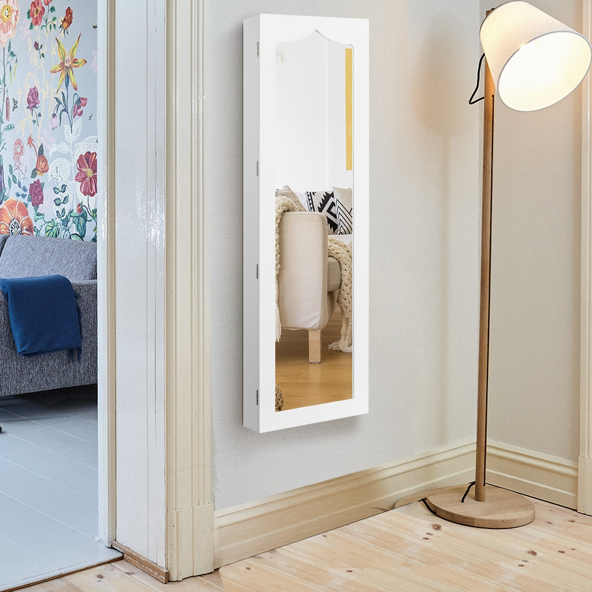Armário para Joias com Espelho Iluminação LED Fechadura Estante para Organizador de Joias Montagem em Porta e Parede 36,5 x 11,5 x 120 cm Branco
