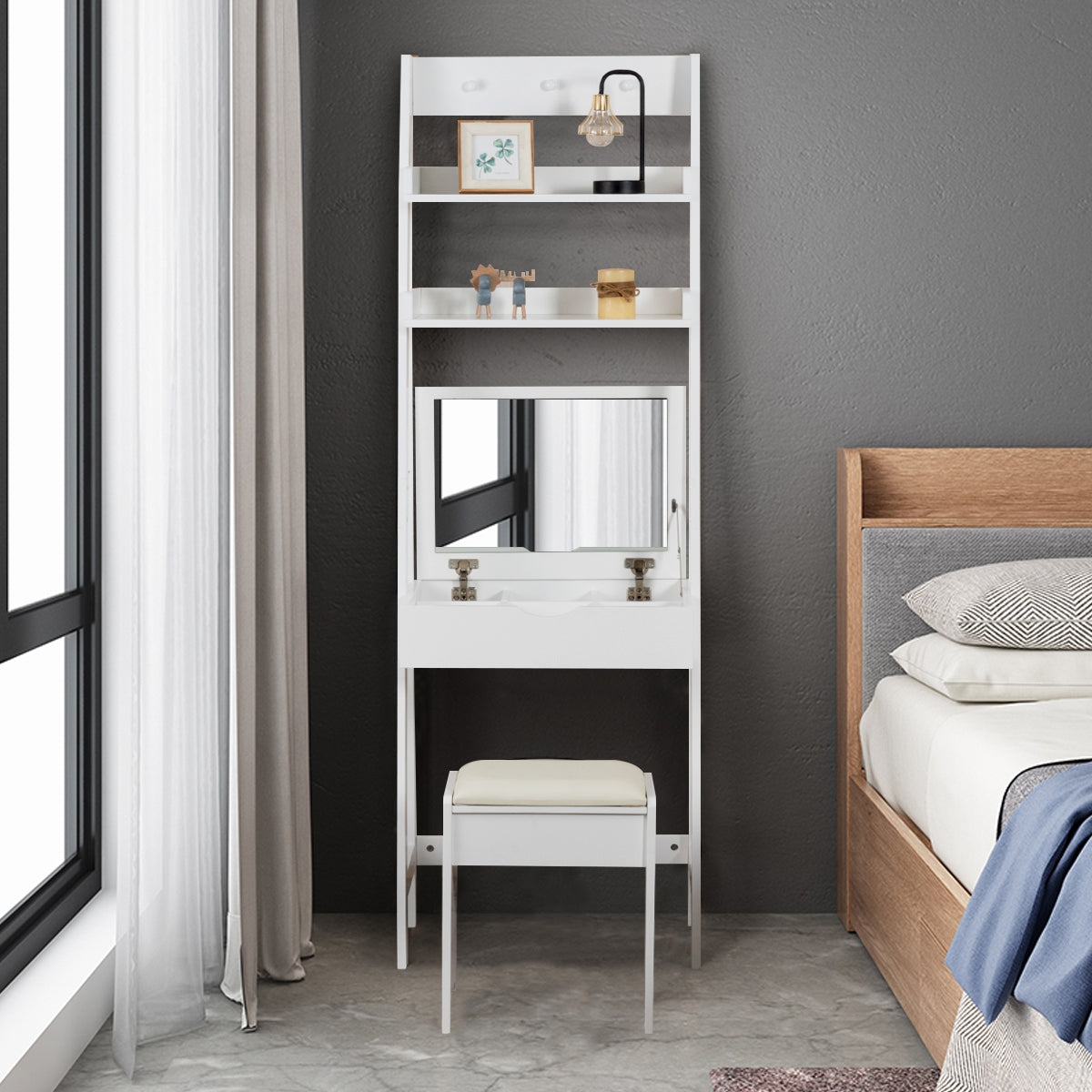 Tocador de Maquilhagem com Espelho Banqueta Acolchoada para Quarto 61,5 x 40 x 180 cm Branco