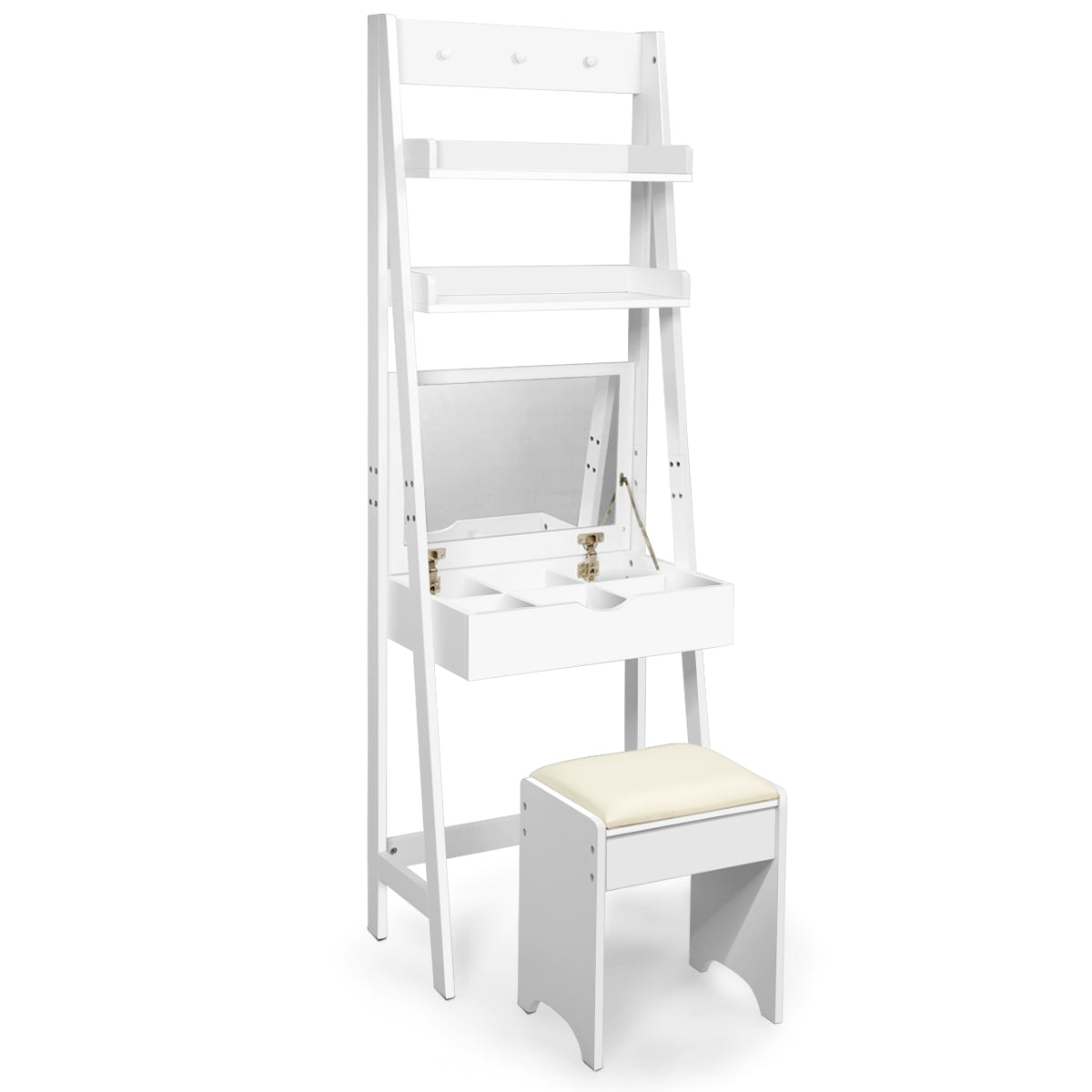 Tocador de Maquilhagem com Espelho Banqueta Acolchoada para Quarto 61,5 x 40 x 180 cm Branco