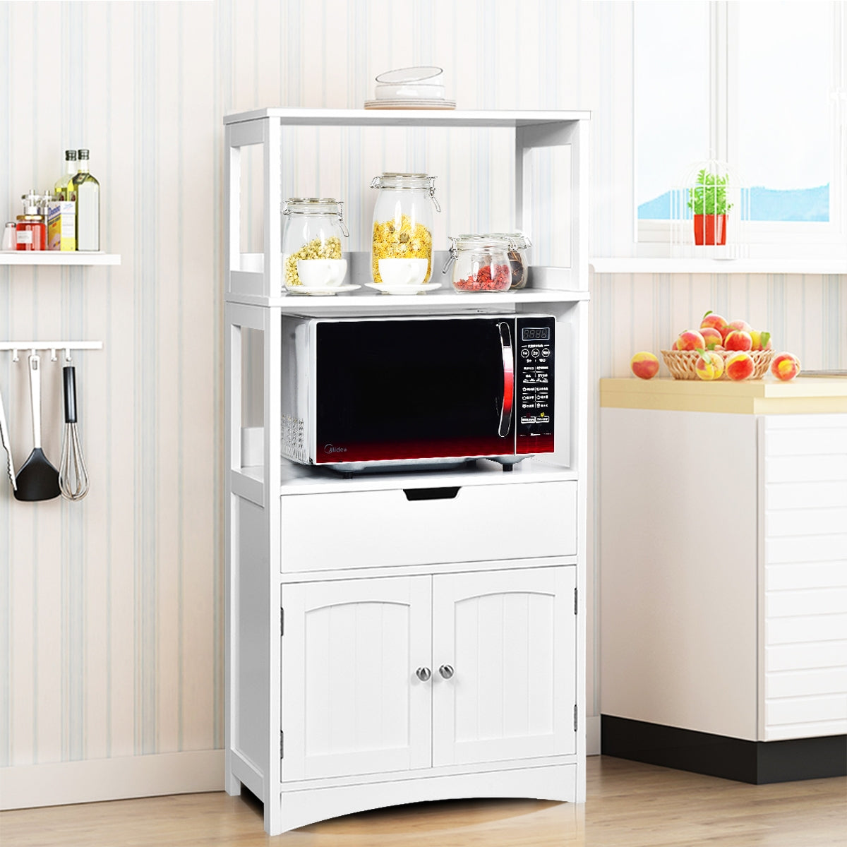 Armário de Casa de Banho com 3 Prateleiras 1 Gaveta 1 Armário de Arrumação Toalhas Champô Gel Organizador para Cozinha 60 x 32,5 x 122 cm Branco