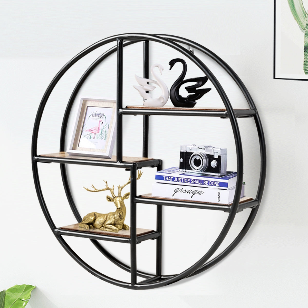 Estante Redonda Montada na Parede com 4 Níveis em Madeira e Metal para Quarto, Sala, Cozinha e Escritório Preto 55 x 55 x 11 cm