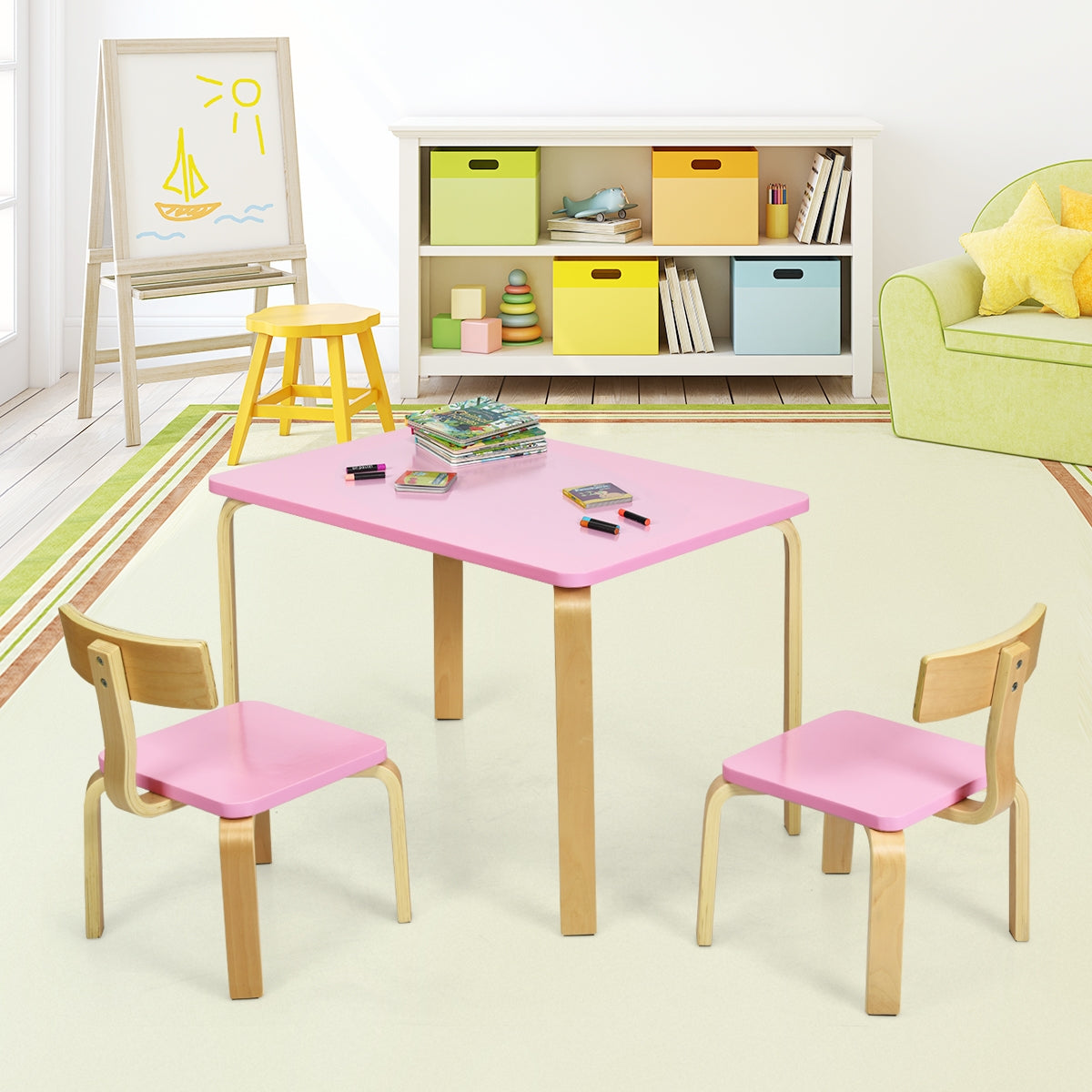 Conjunto Mesa e 2 Cadeiras para Crianças Mesa e Cadeiras de Madeira para Crianças para Casa Creche Aulas Rosa