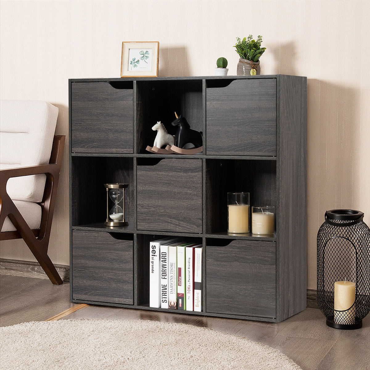 Estantería com 9 Compartimentos e Prateleira para Arquivos Livros Plantas para Casa Escritório Sala Cinzento Escuro 90 x 29 x 90 cm